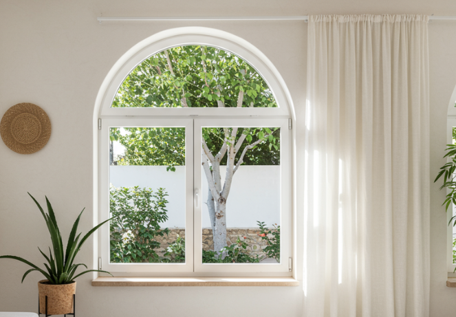Janela de PVC branca em arco numa sala com plantas