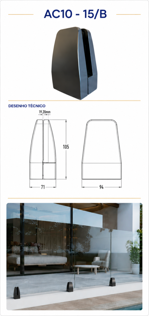 Fixação de guarda de vidro AC10 15/B com medidas