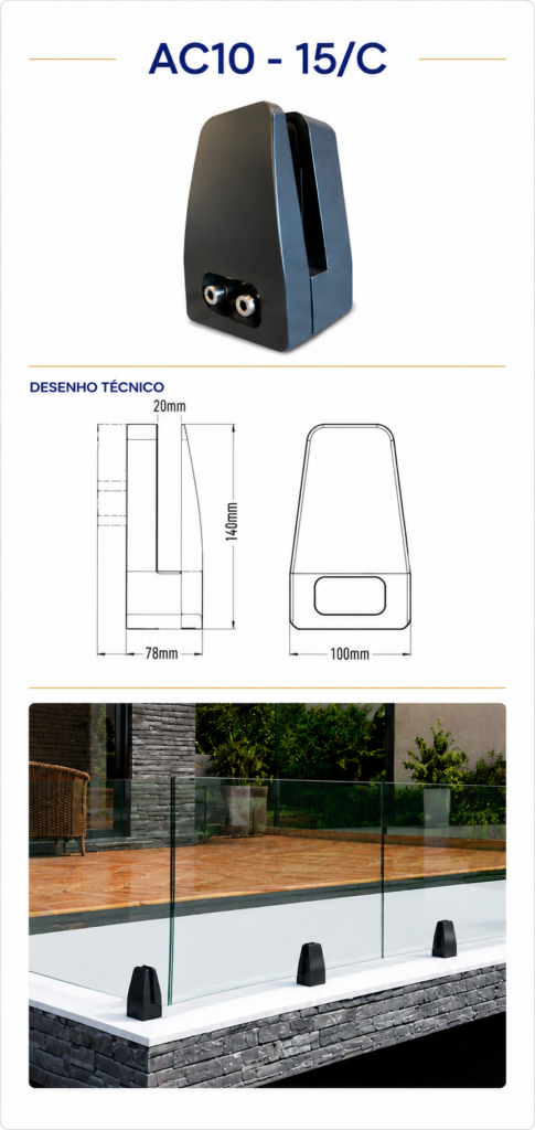 Fixação de guarda de vidro AC10 15/C com medidas