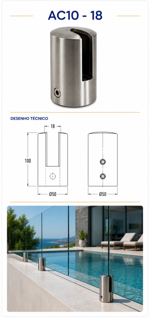 Fixação de guarda de vidro AC10 18 junto a piscina