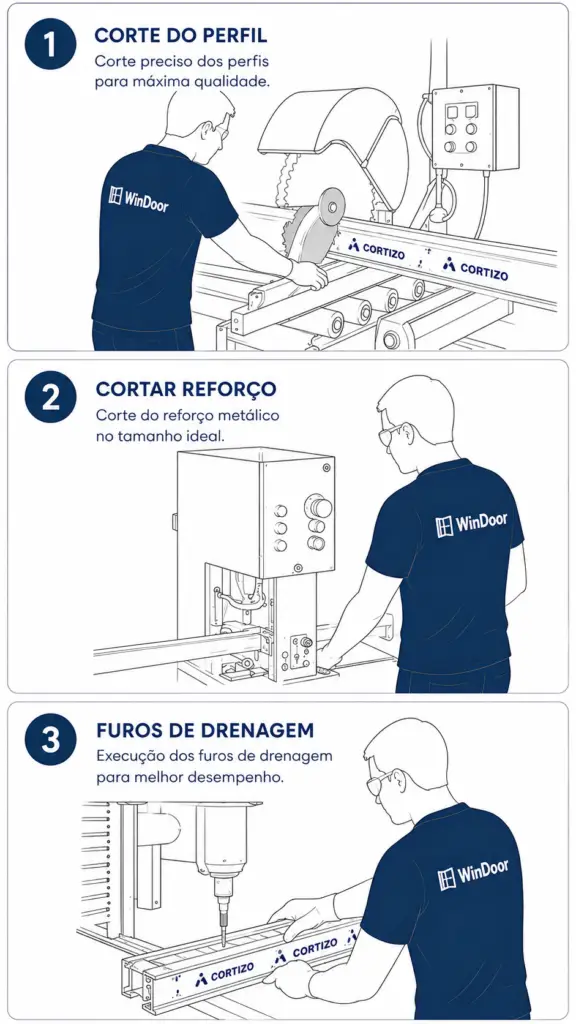 Etapas de fabrico de uma janela de PVC, do corte do perfil à drenagem