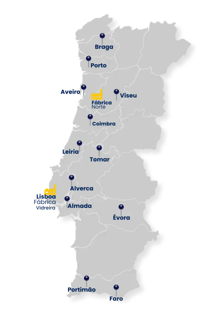 Mapa de Portugal com as lojas Windoor