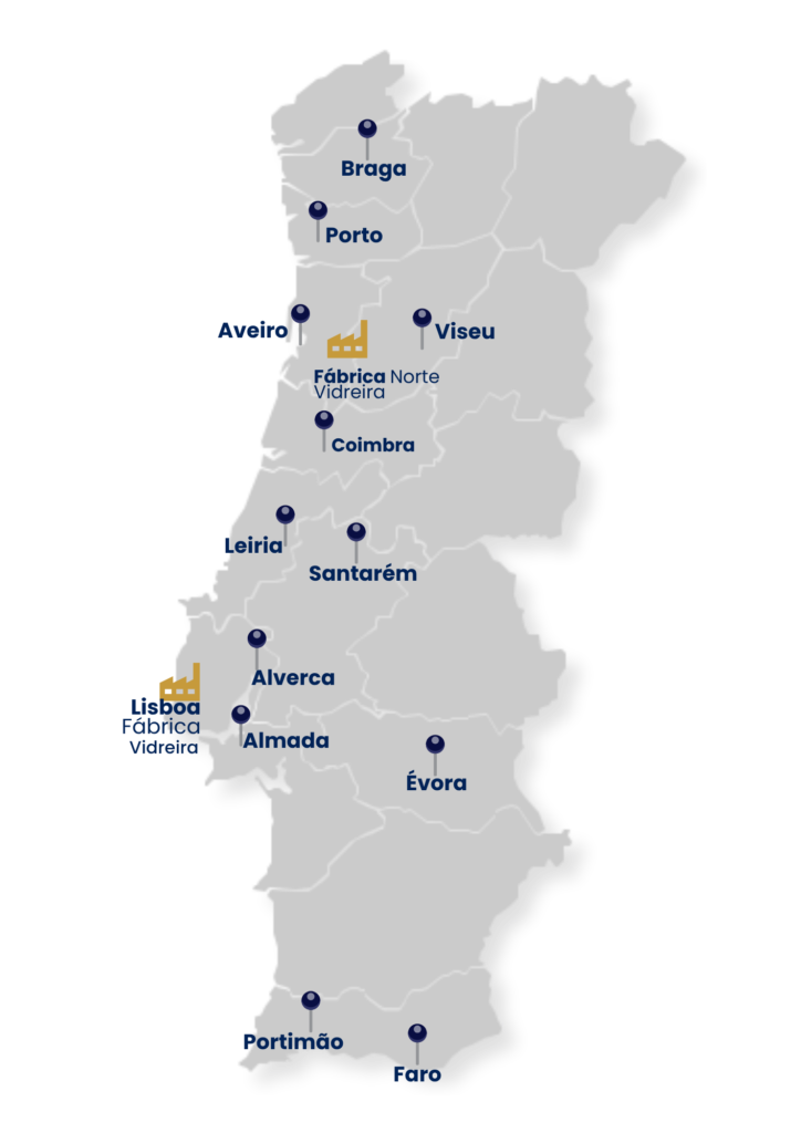 Mapa de Portugal com as lojas e fábricas Windoor